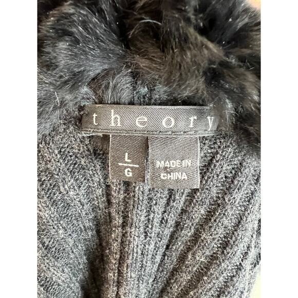THEORY Gray Long Sleeve Maritza Fur Genuine Rabbit Collar Wool Cardigan Size L - Picture 7 of 9